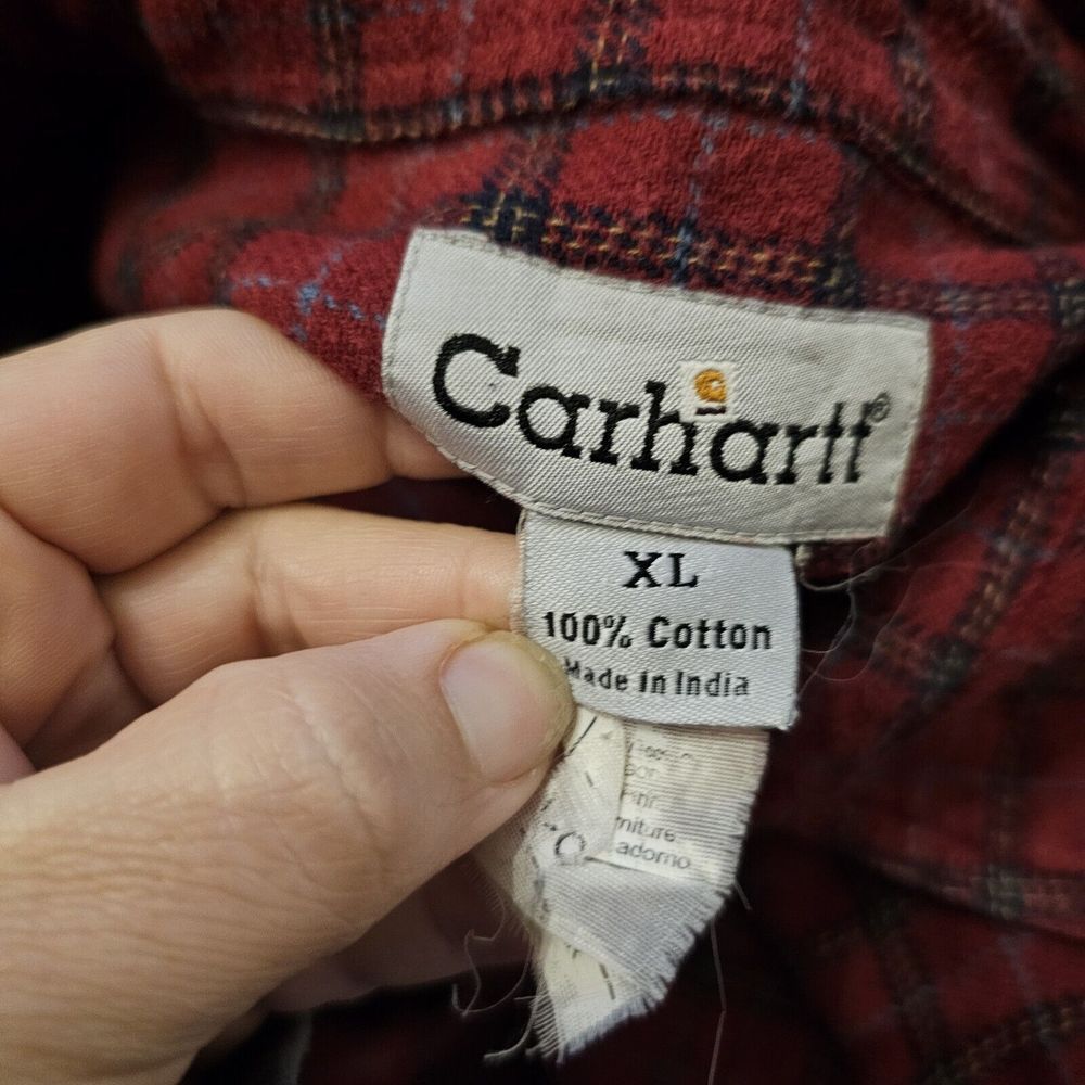 Carhartt Flannel Button Down Mens XLarge Red Plaid Long Sleeve Heavy Cotton - Picture 2 of 3
